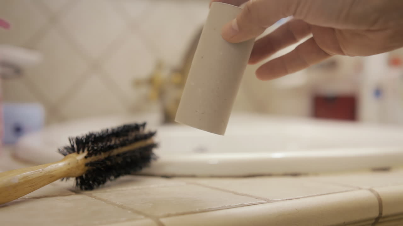 The hand of a man, in the bathroom, grabbing a toilet paper roll near the sink, but discovering that it's completely empty