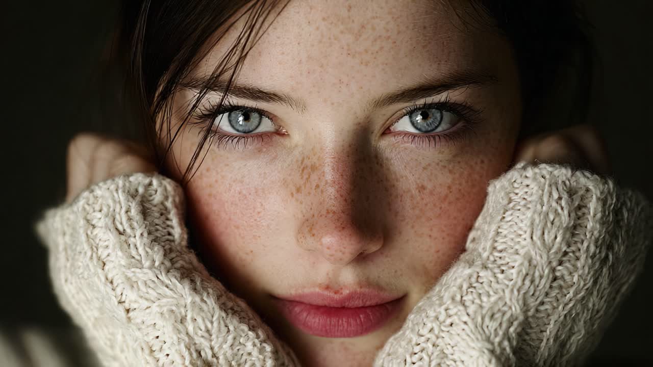 A Close-Up Portrait of a Young Woman with Striking Blue Eyes and Freckles, Wearing a Cozy Knit Sweater, Conveying Emotion and Intimacy in Soft Lighting