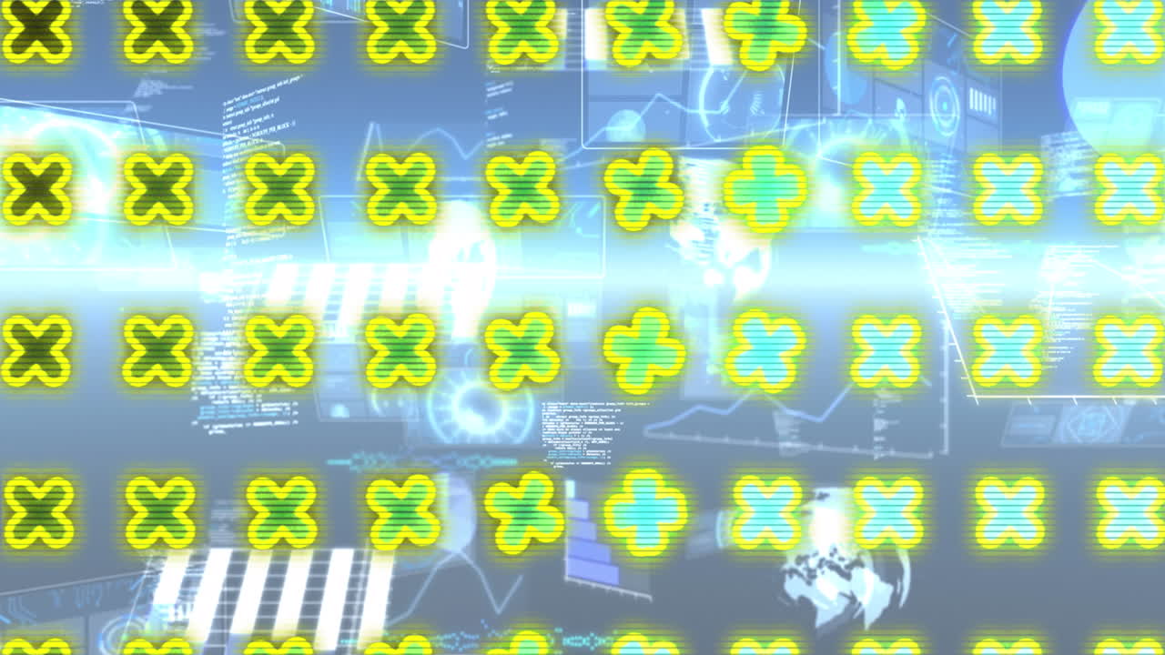 스크린으로 디지털 추상 공간에서 회전하는 십자가의 애니메이션