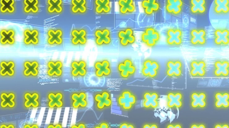 Animation of rotating crosses in digital abstract space with screens
