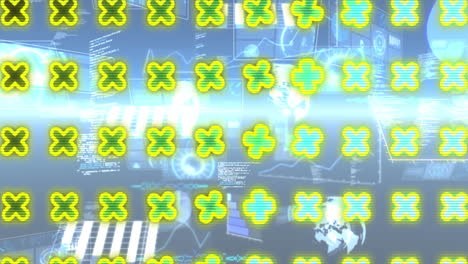animación de cruces giratorias en el espacio abstracto digital con pantallas