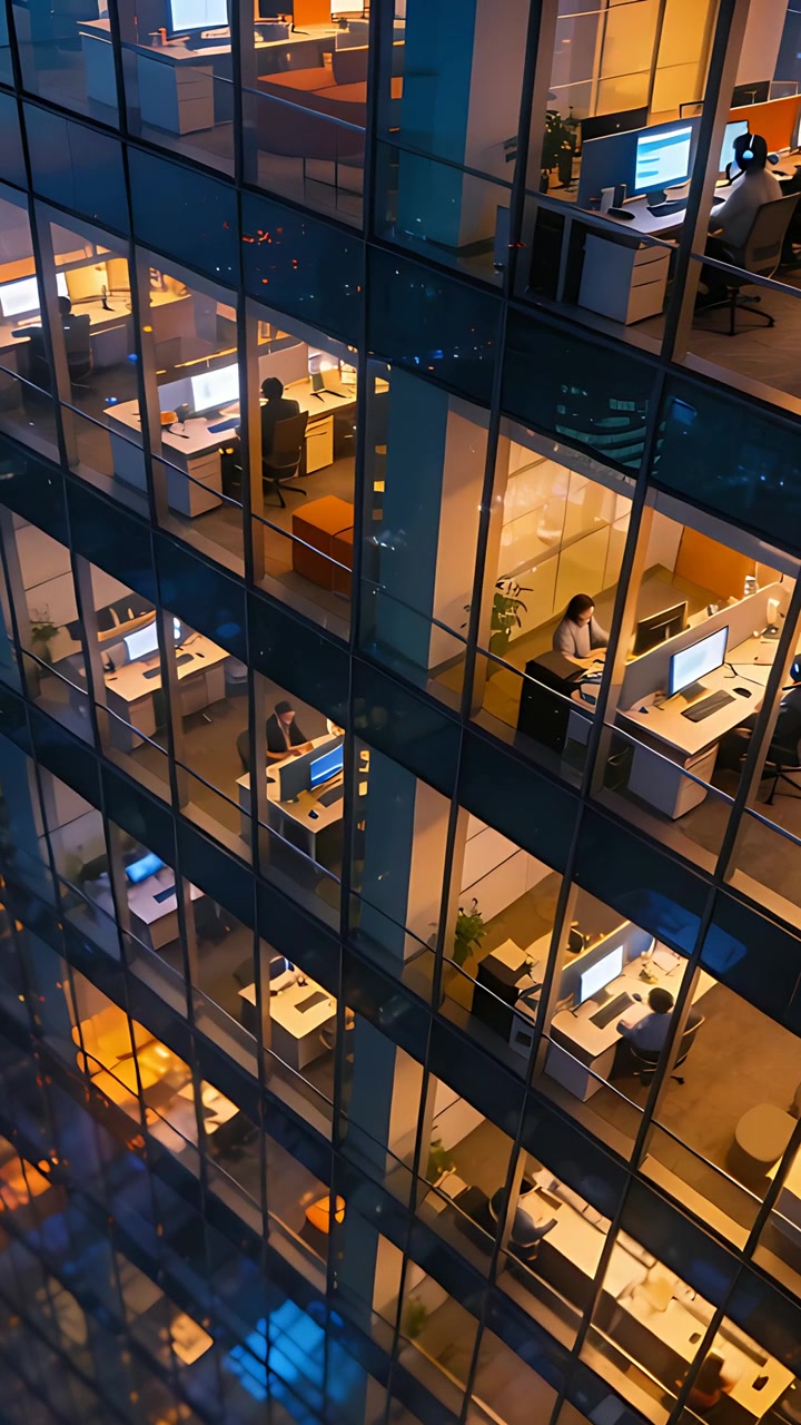 Vertical video: Panning camera showing lit glass facade at night, workers in shirts typing at desks