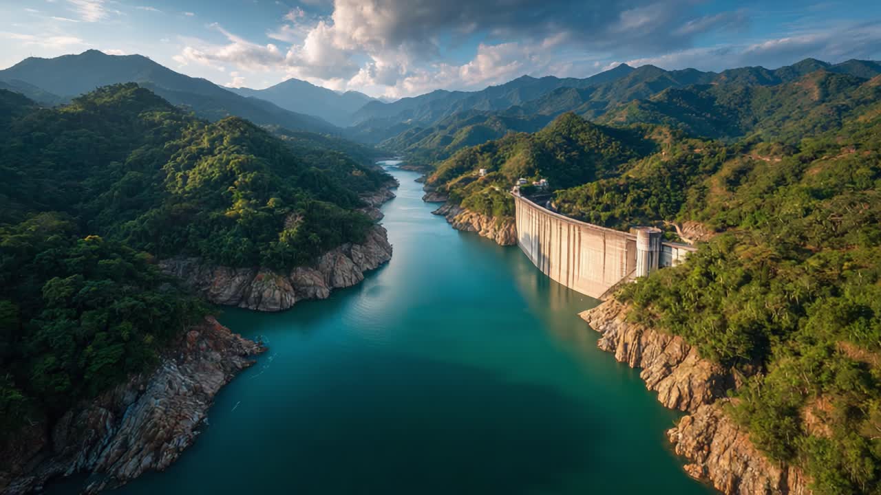 Aerial View of a Majestic Reservoir Surrounded by Lush Mountains and Calm Waters, Capturing the Beauty of Nature and Human Engineering in Harmony