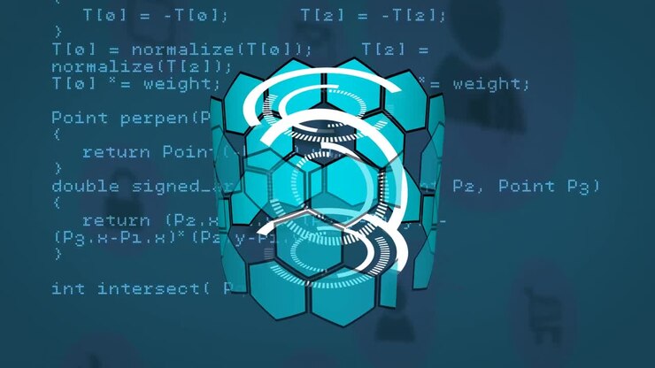 Animasjon av et rør laget av heksagoner over databehandling på blå bakgrunn
