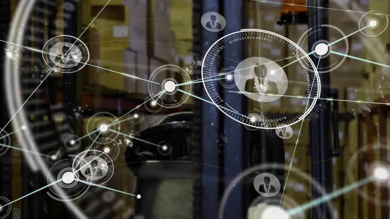 animación de la red de conexiones con los iconos de las personas sobre el almacén