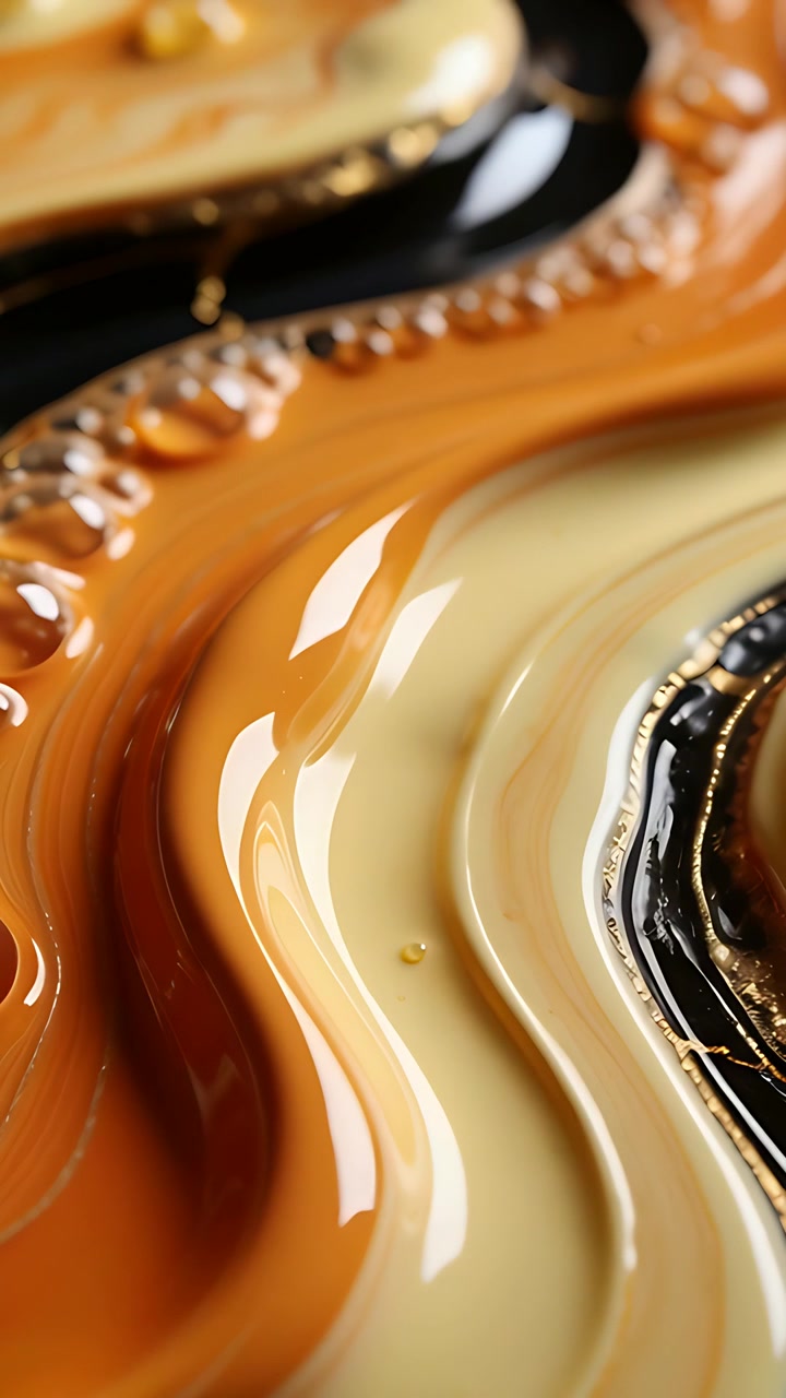 Vertical video: Shifting camera revealing glossy layers flowing on panel, showing gold rim droplets