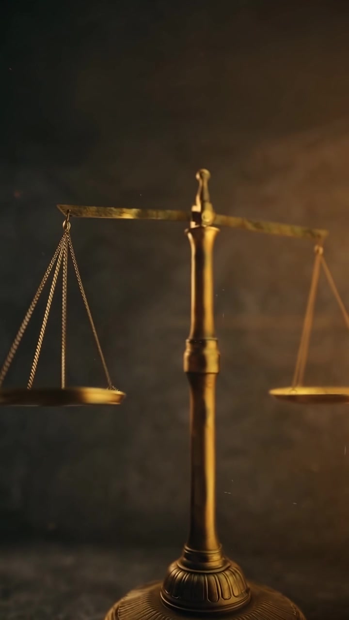 Bilancia della giustizia dorata in equilibrio su sfondo scuro