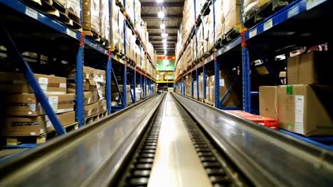 industrial warehouse logistics scene with conveyor belt and storage shelves