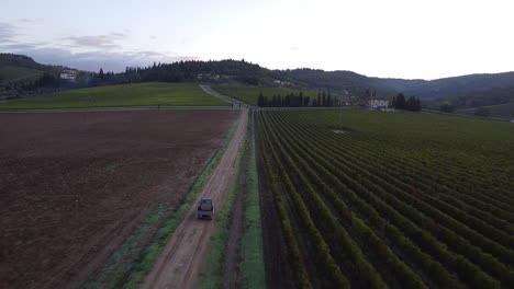 Un-Granjero-Que-Lleva-Uvas-Con-Su-Pequeña-Motocicleta-Piaggio-Ape-En-Los-Viñedos-De-Toscana