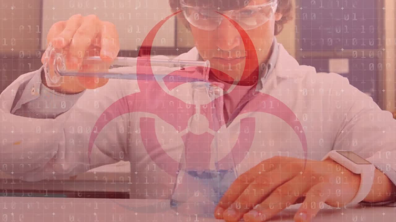 signo de peligro para la salud con científicos en el fondo del coronavirus covid-19.