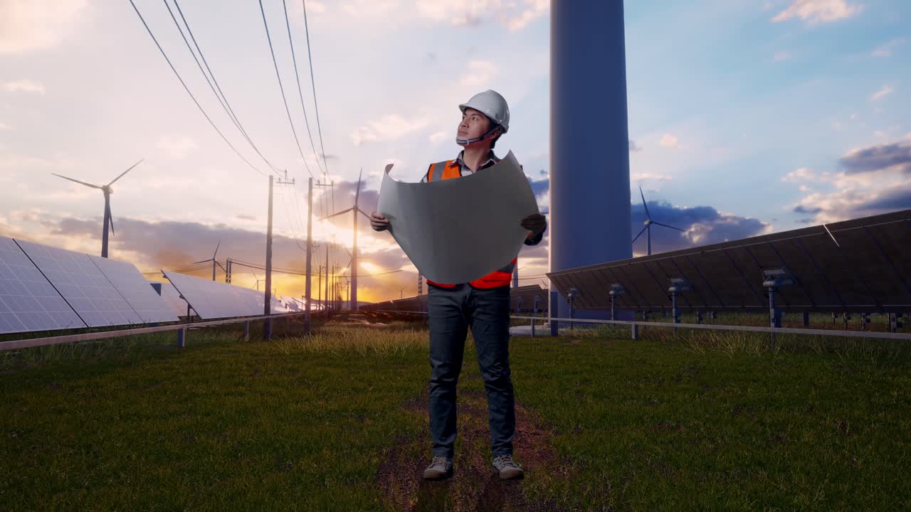 Full Body Of Asian Male Engineer With Safety Helmet Looking At Blueprint In His Hands And Looking Around While Standing With Solar Panel and Wind Turbines