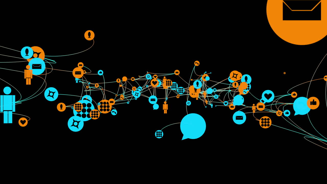 Flying icon display blue orange social media network symbols overlay