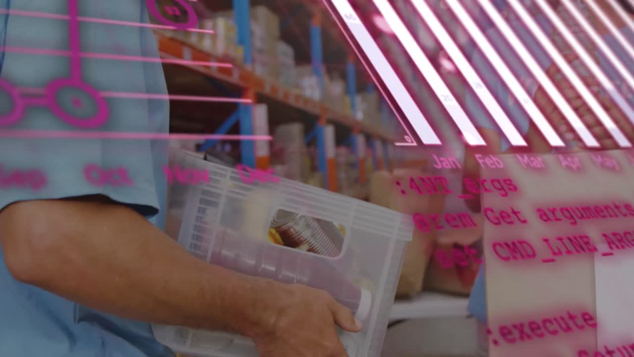 창고에서 일하는 백인 남성에 대한 금융 데이터 처리의 애니메이션