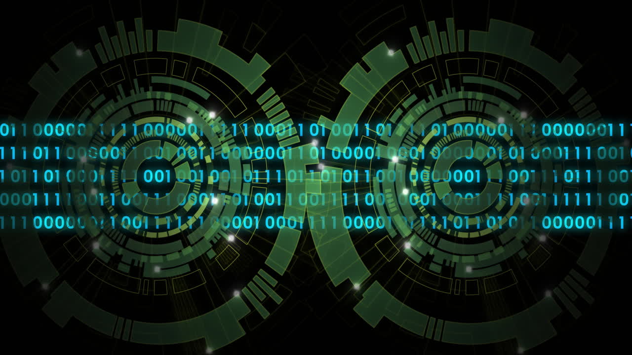 Animation of binary coding data processing over scopes on black background