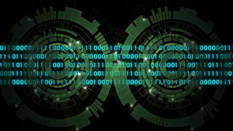 animation of binary coding data processing over scopes on black background