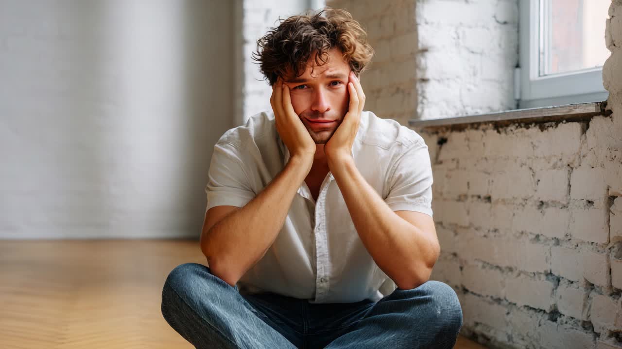 A Pensive Young Man Sits with His Head in His Hands, Conveying Deep Emotion and Contemplation in a Minimalist Room Filled with Natural Light, Reflecting Inner Struggles and Emotional Turmoil