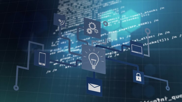 Animation of network of connections with icons, computer data processing