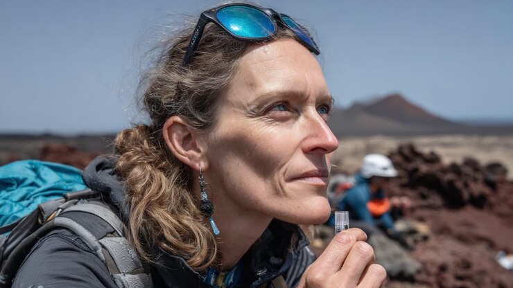 A Researcher Analyzing Soil Samples in a Volcanic Landscape, Exploring Environmental Conditions and Conducting Field Studies