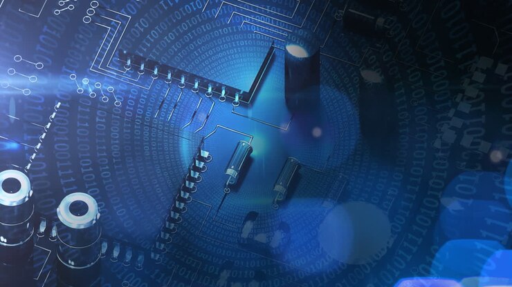 Animation of binary coding and data processing on computer circuit board