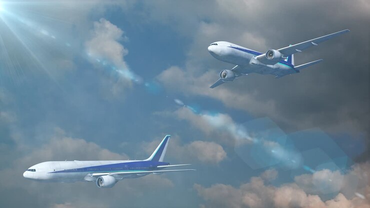 viaje en avión volando en el cielo nublado animación