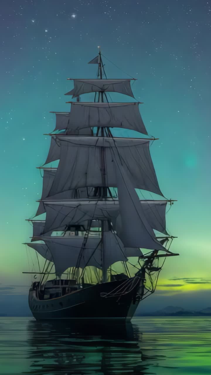 Vertical video: Swaying sails on drifting ship under aurora streaking stars by breeze