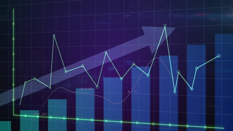 Animation of fluctuating line chart over blue bar chart with upward arrow