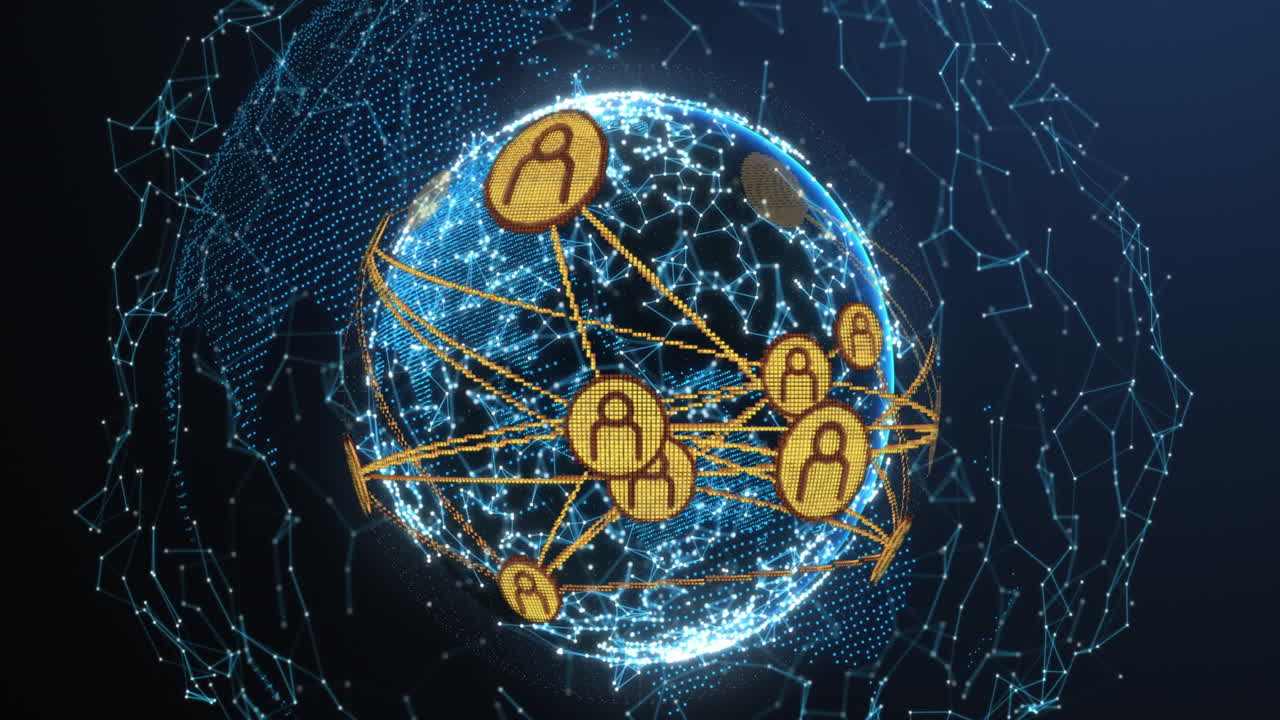 Animation of connected dots and profile icons forming globes