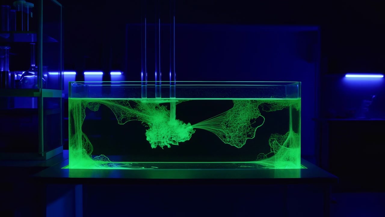 Una vasca di vetro trasparente si trova in un ambiente di laboratorio buio, riempita con una struttura verde brillante simile a una ragnatela che si illumina sotto un'illuminazione d'accento blu