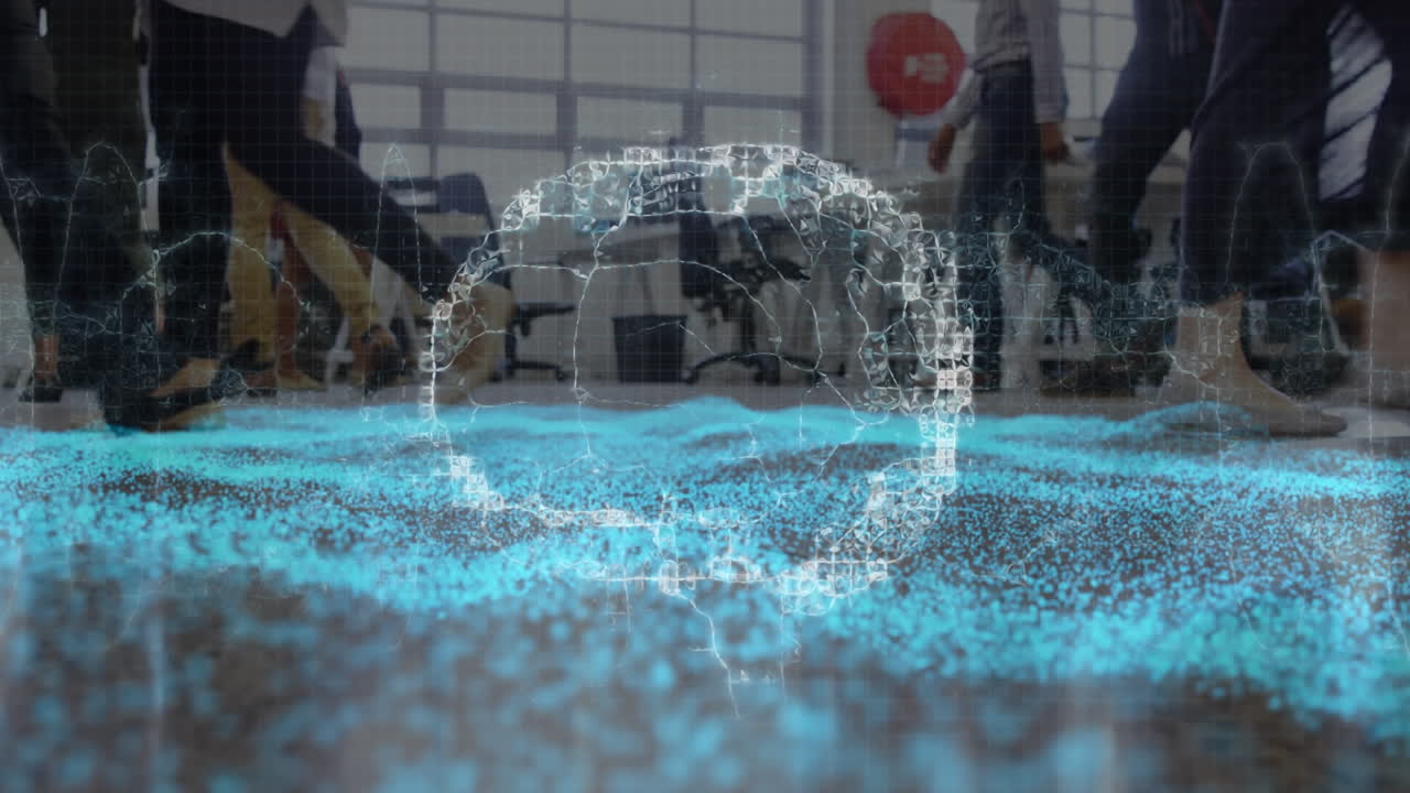 인간의 뇌는 사무실에서  ⁇ 는 사람들의 낮은 부분에 대해 파란색 디지털 파동을 회전합니다.