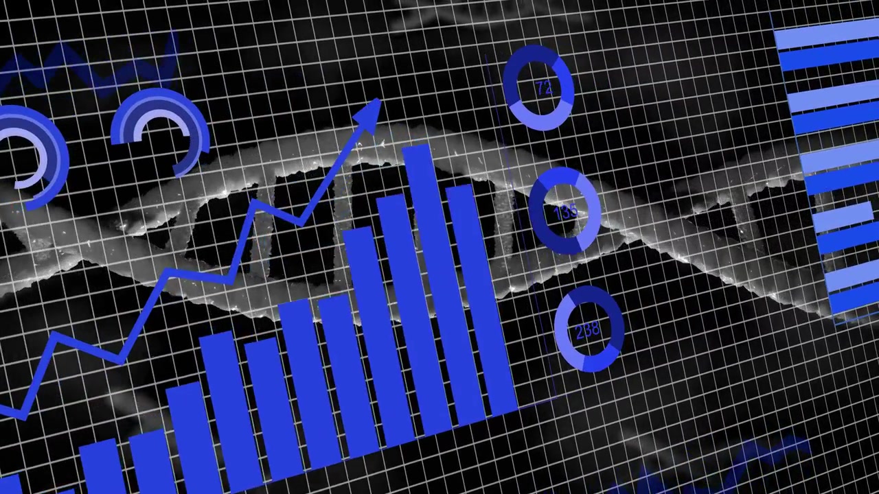 On start, DNA helix anchoring frame while blue graphs and charts animating in to visualize genomics