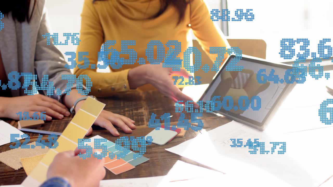 Hands sliding swatches, women comparing for design, woman angling tablet, blue data floating