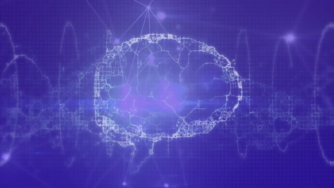 Nodes lighting up wireframe brain forming, pulsing, shifting, fading back, showing network activity