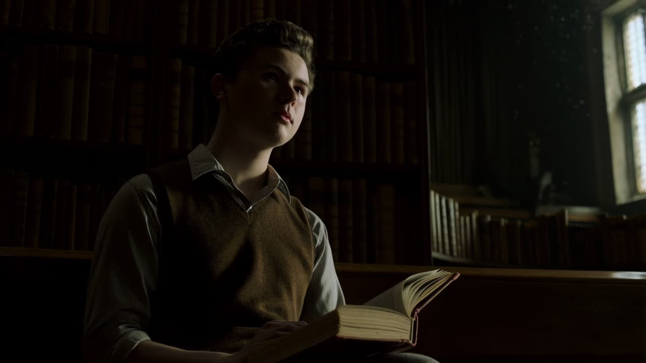hombre leyendo un libro en una biblioteca