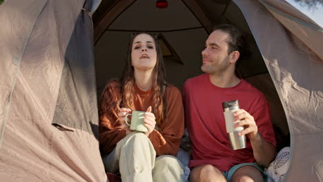 couple, tent and camping with coffee in portrait