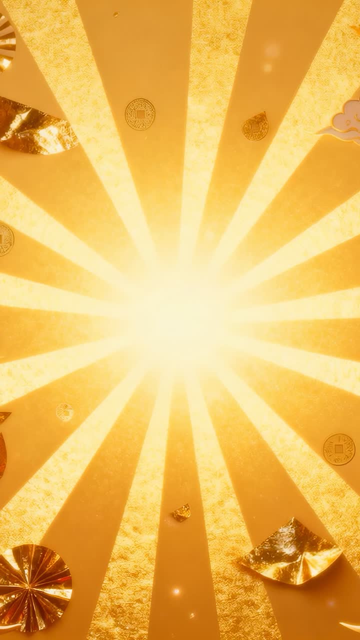 Vertical video: After core flicker pulsing burst sending sparkles across gold backdrop foil for ad