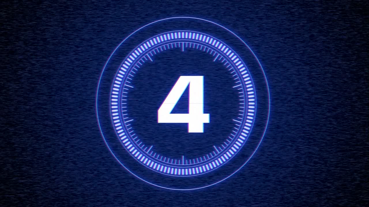 Digital blue film countdown with glitch effect in futuristic style