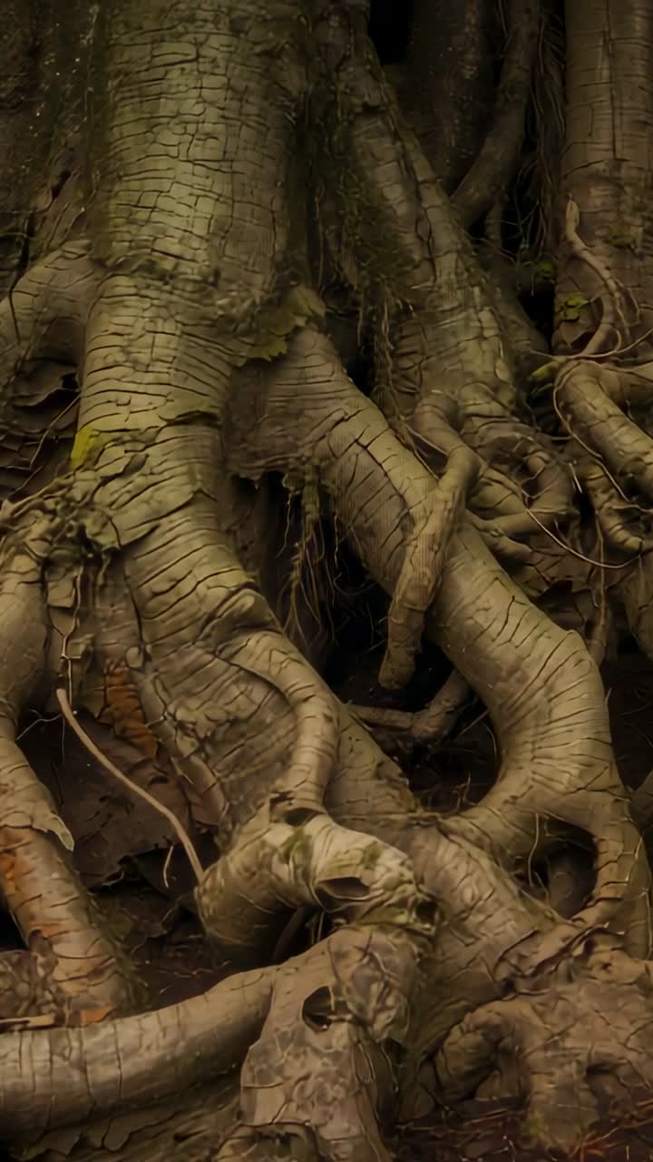 Video verticale: camera che esegue una panoramica verso il basso e verso l'interno nella foresta, rivelando radici contrafforti e cavità