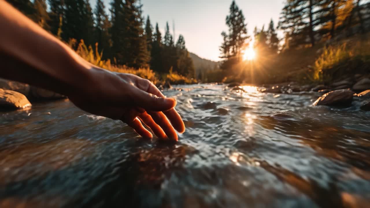 Momento sereno accanto al ruscello: una mano si allunga verso l'acqua mentre il tramonto illumina la tranquillità della natura, proiettando un caldo bagliore sul fiume che scorre.