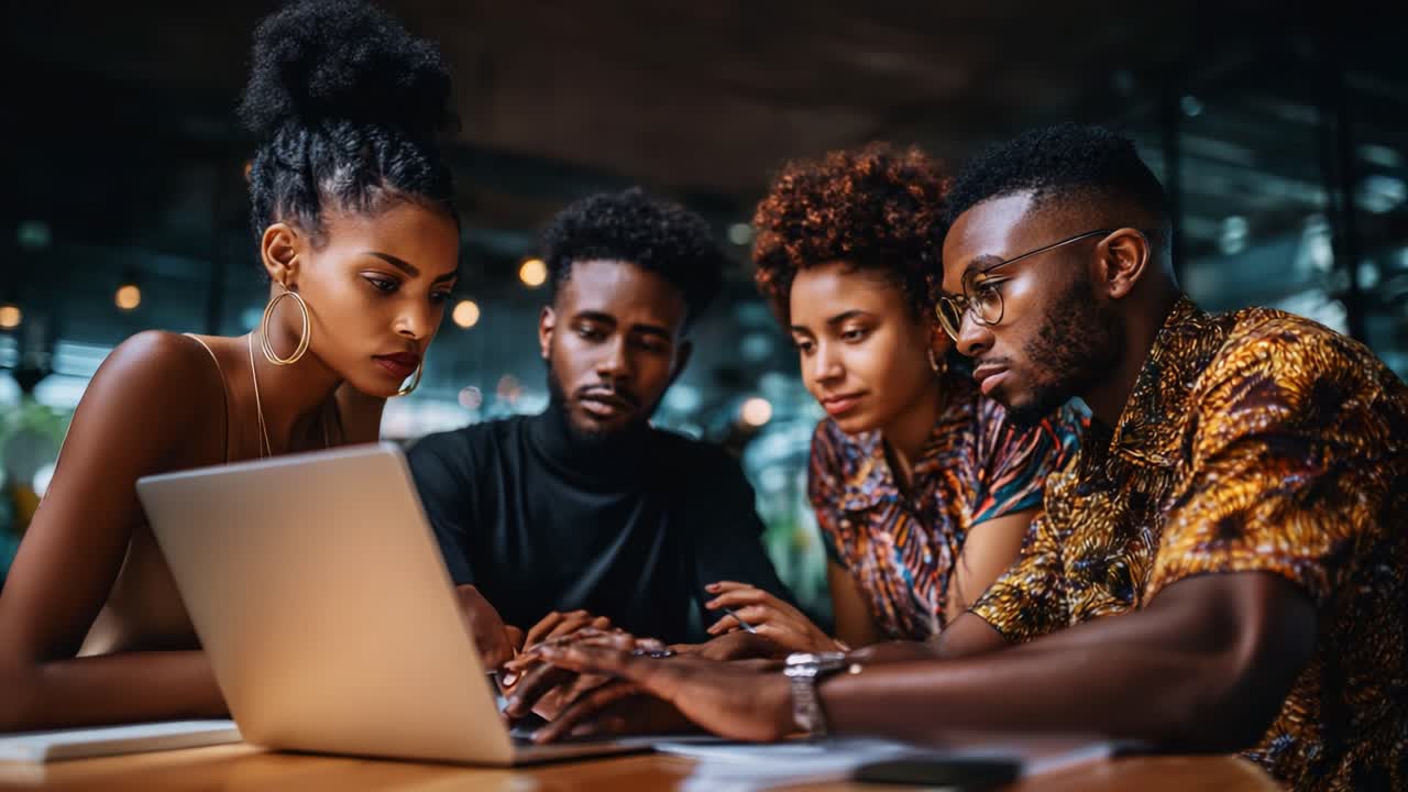 A Group of Diverse Friends Collaborating on a Laptop in a Modern Workspace, Deep in Focus and Engaged in Their Project, Surrounded by Warm Lighting and Cozy Ambiance