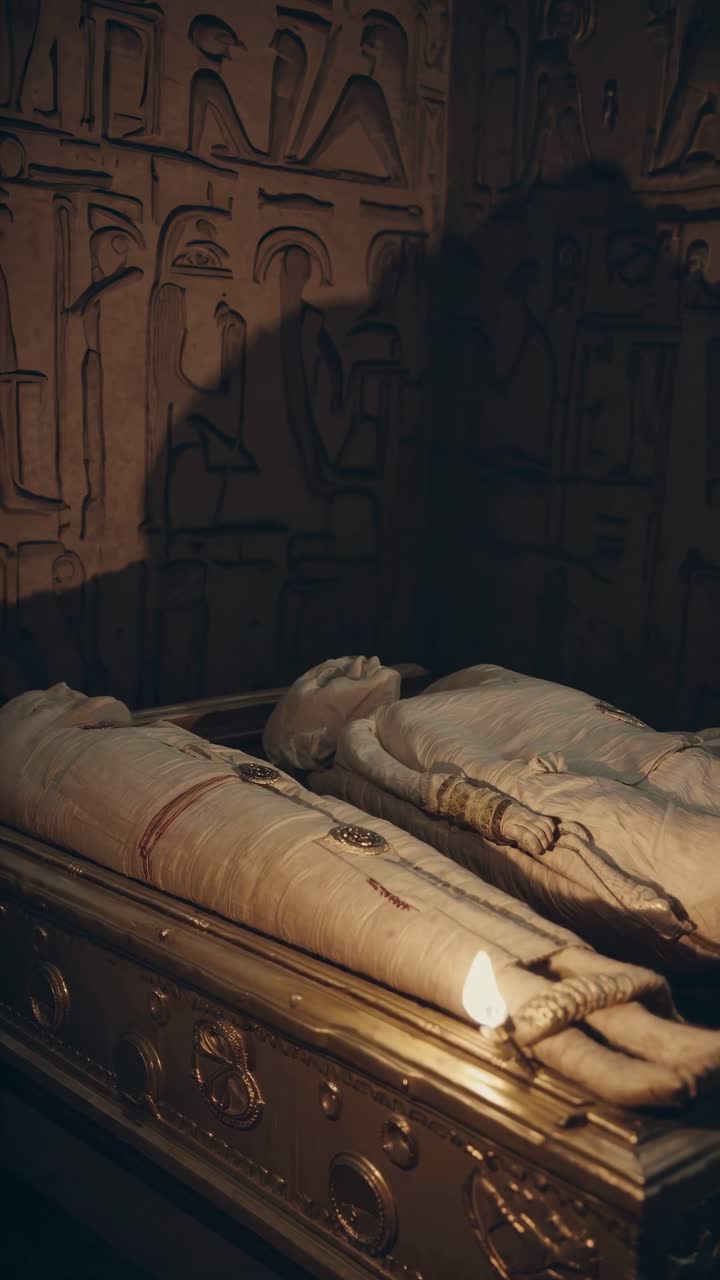 Low-angle shot of ancient Egyptian mummies in a dimly lit tomb, capturing the mysterious atmosphere