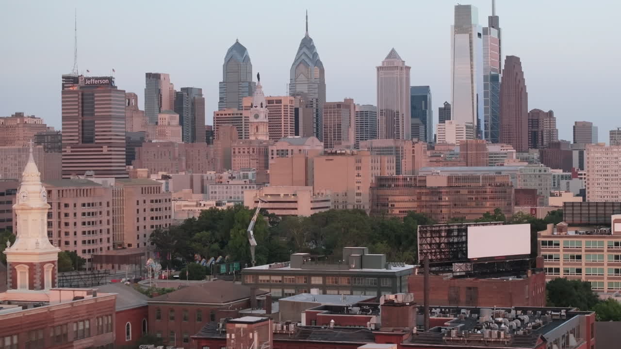 Aerial view of the Philadelphia skyline at sunrise