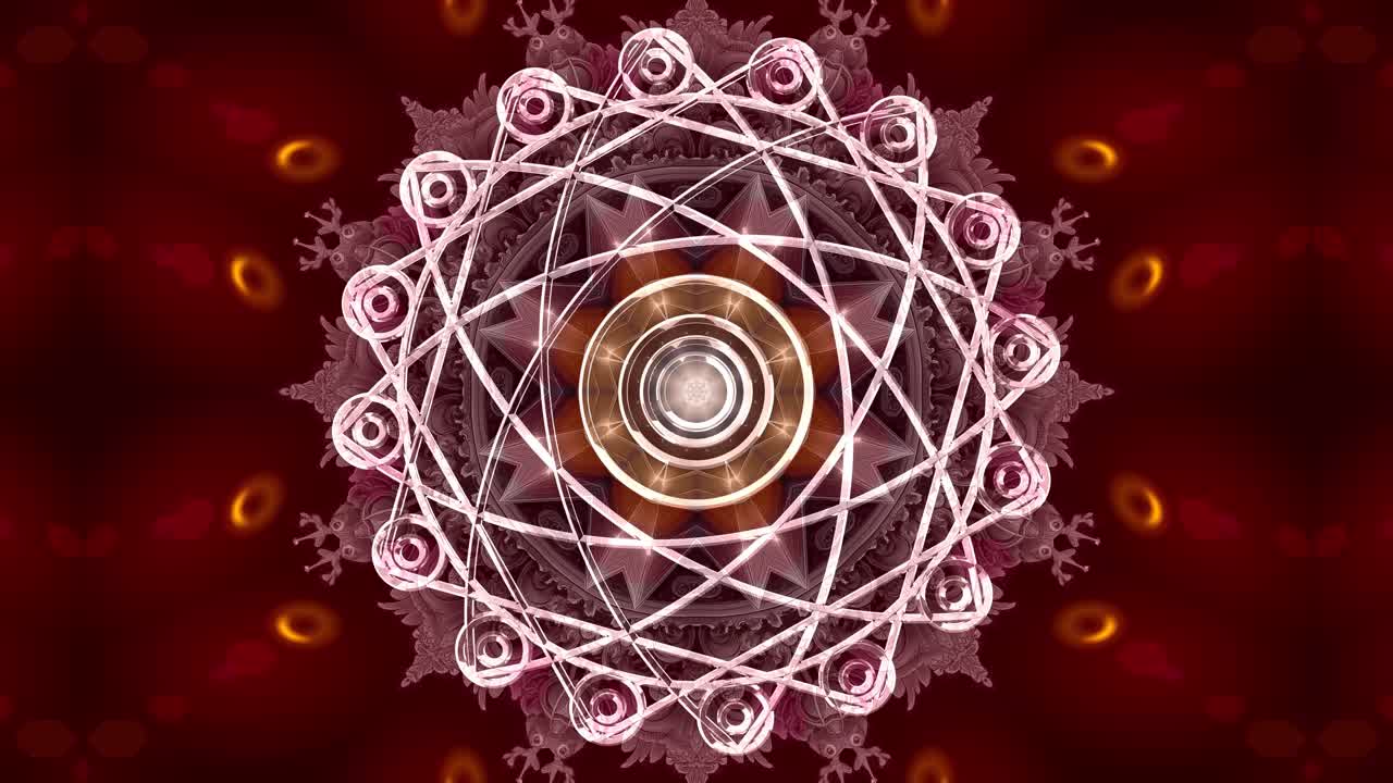 A hypnotic fractal mandala built around a chrome lattice glyph of concentric rings, orbital arcs, and 12 nodal circles. Seamless 30‑sec 4K60 loop for VJ sets, meditation visuals, and premium backdrops