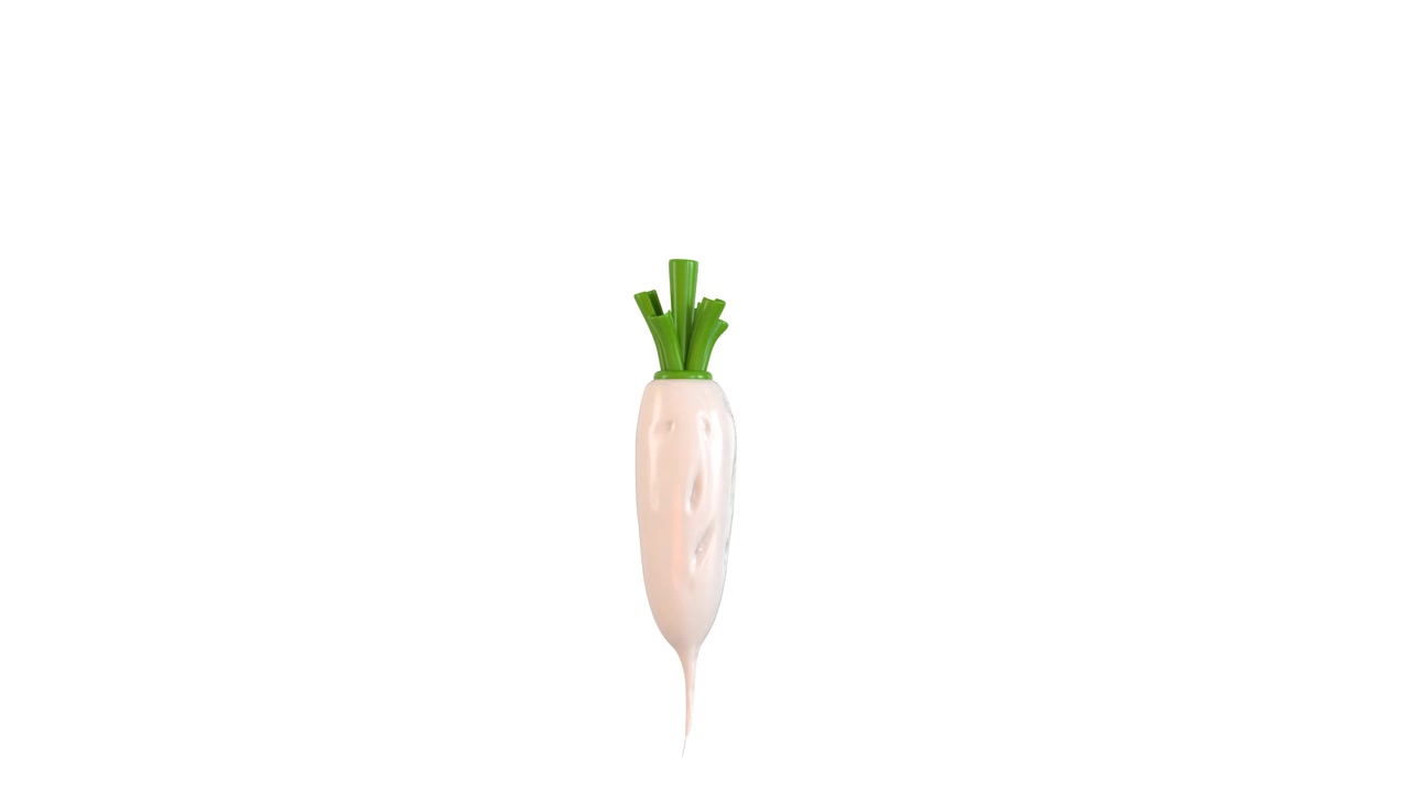 3D-Animation eines rotierenden weißen Daikon-Rettichs