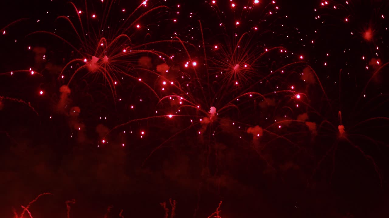 밤하늘에 화려한 불꽃이 터진다. 밝은 색상의 축하 및 이벤트.