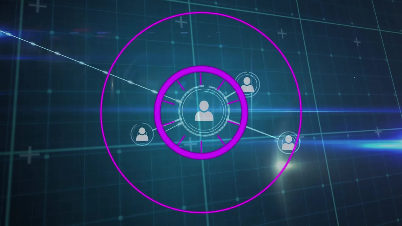 Animation of moving lights with network of people icons and data processing, on black