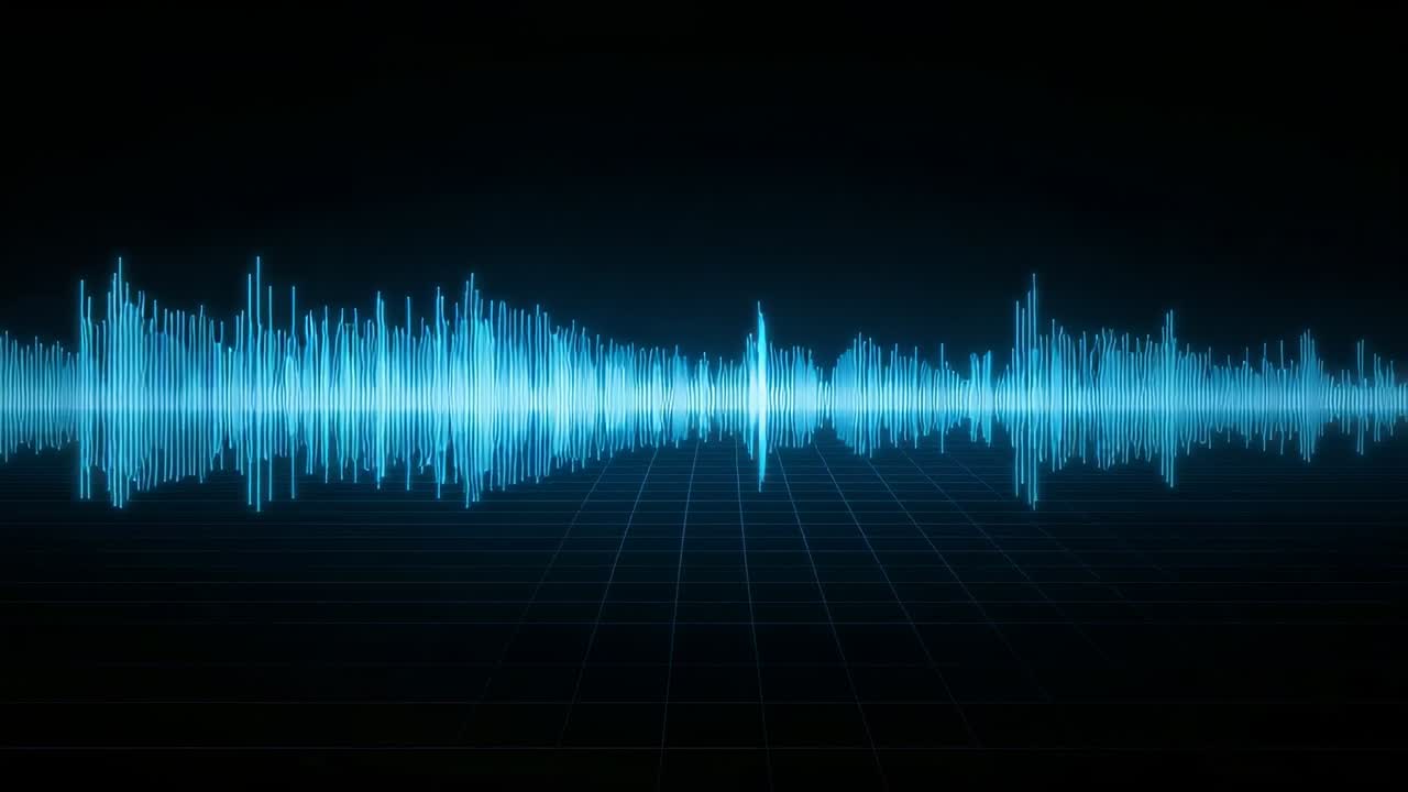 Opening with rising blue audio waveform above dark grid floor undulating then settling