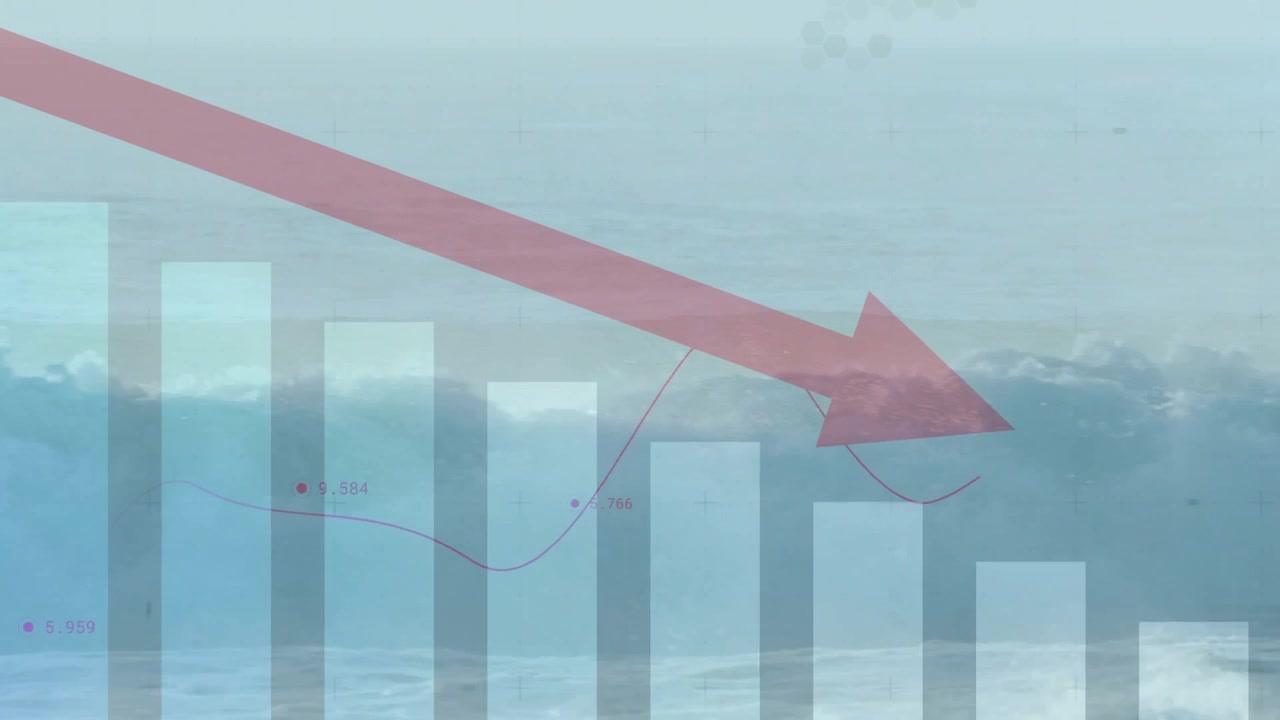 When translucent bars fading in over waves, curved line sweeping arrow descending showing data drop