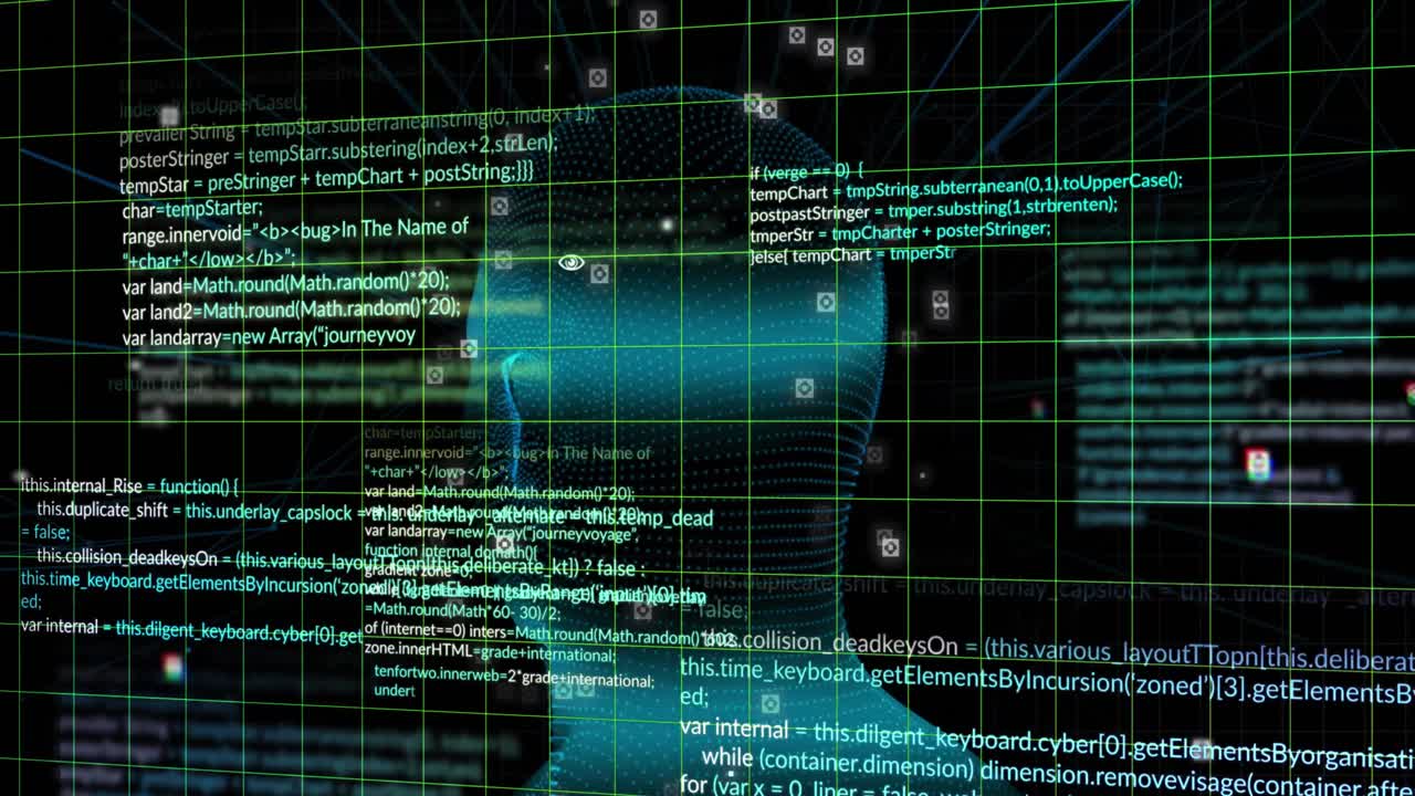 Animation of digital head and data processing on black background