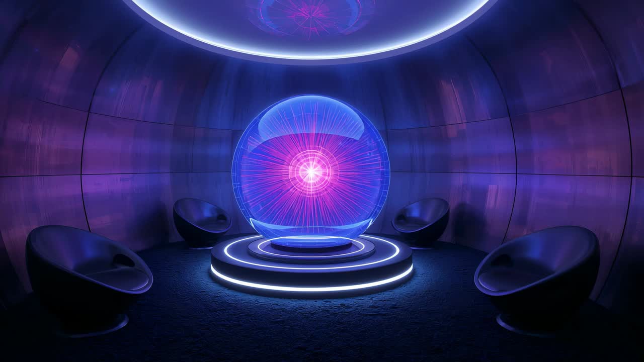 Pulsing transparent energy orb glowing on neon-lit platform inside chamber under glowing ring