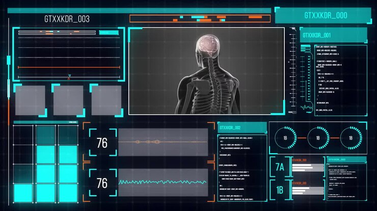 Animation of human body and digital data processing over screens